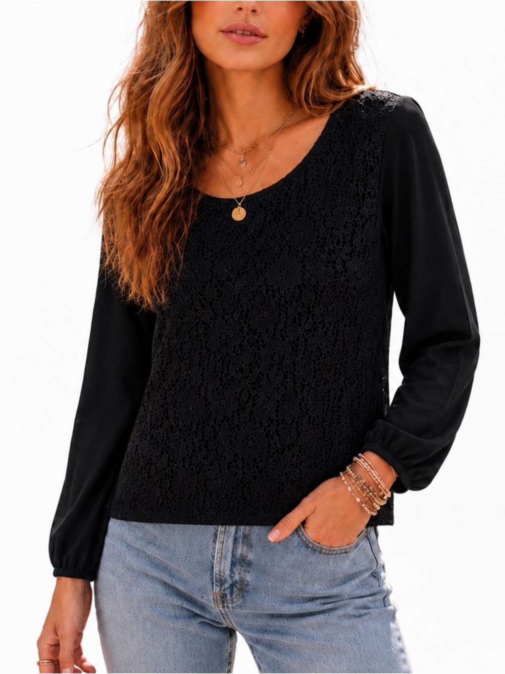 Forever 21 Black Long Sleeve Lace Front Top S Size